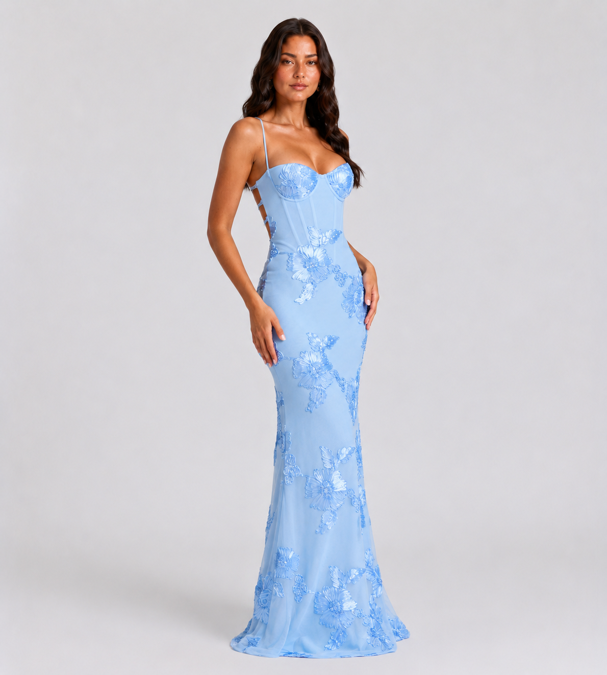 Fiora Floral Appliqué Corset Maxi Dress - Blue