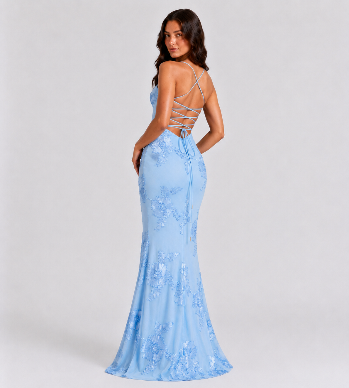 Fiora Floral Appliqué Corset Maxi Dress - Blue