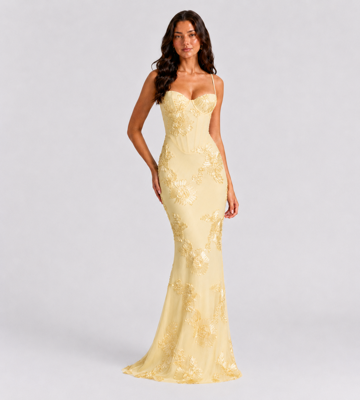 Fiora Floral Appliqué Corset Maxi Dress - Lemon