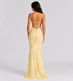 Fiora Floral Appliqué Corset Maxi Dress - Lemon
