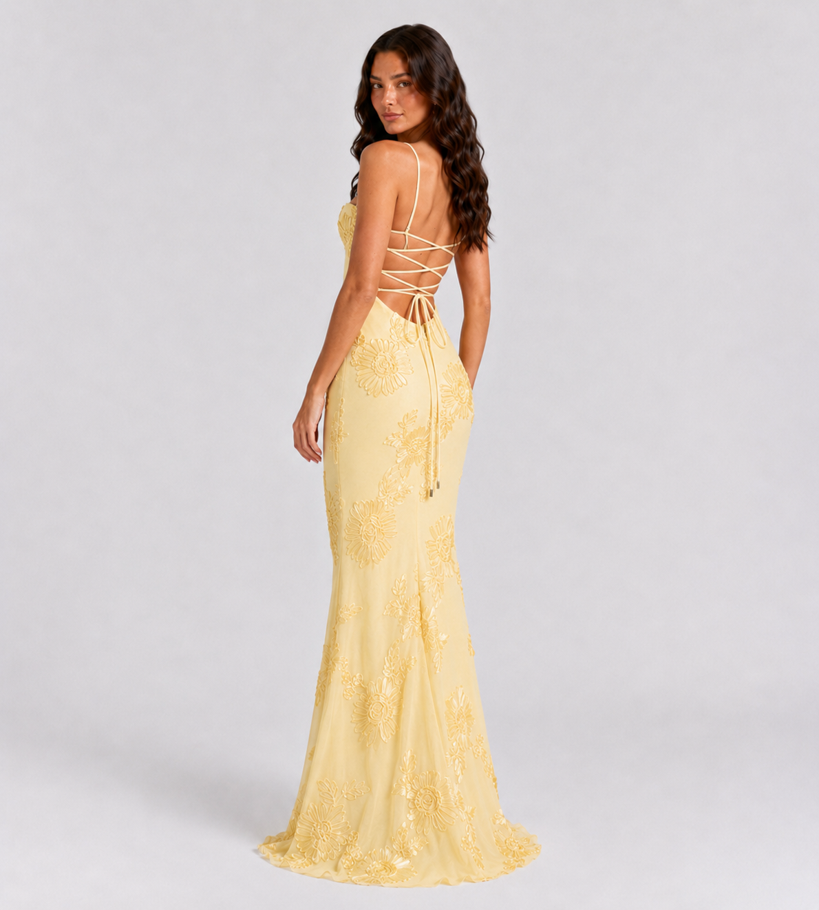 Fiora Floral Appliqué Corset Maxi Dress - Lemon