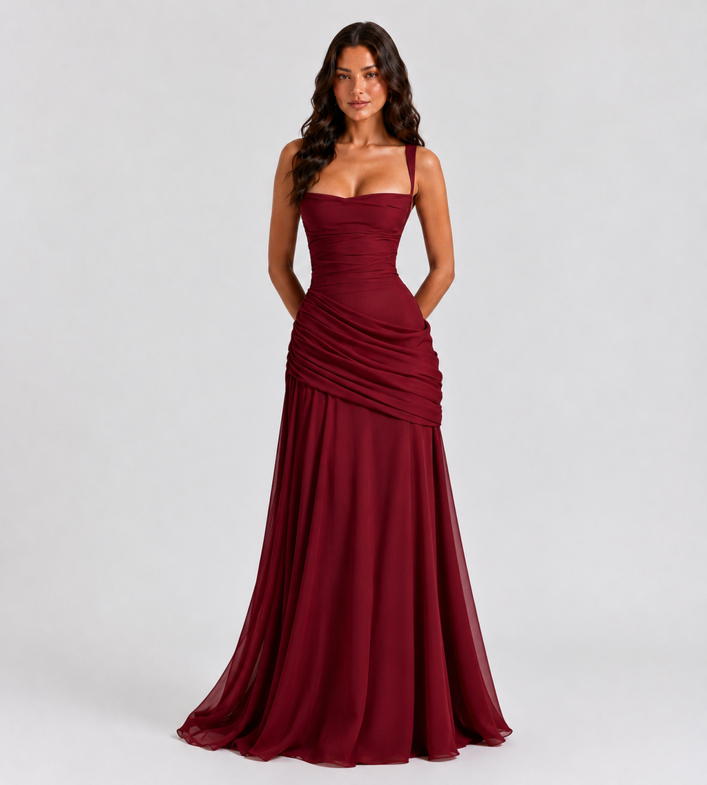 Margot Square-Neck Corset Maxi Dress - Red