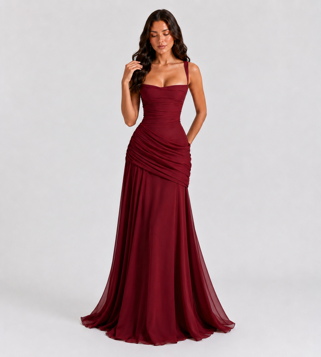 Margot Square-Neck Corset Maxi Dress - Red