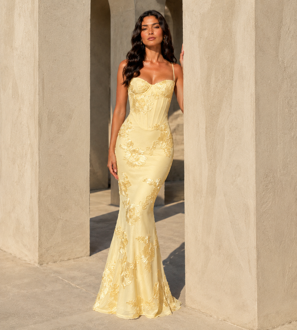 Fiora Floral Appliqué Corset Maxi Dress - Lemon