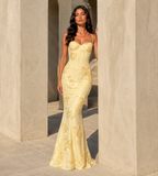 Fiora Floral Appliqué Corset Maxi Dress - Lemon