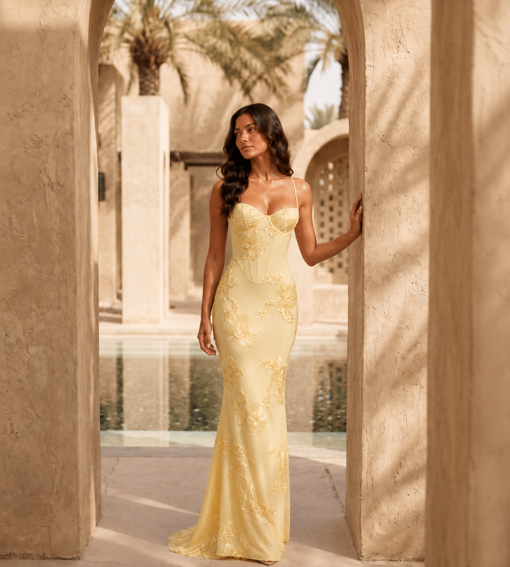 Fiora Floral Appliqué Corset Maxi Dress - Lemon