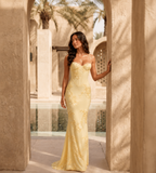 Fiora Floral Appliqué Corset Maxi Dress - Lemon
