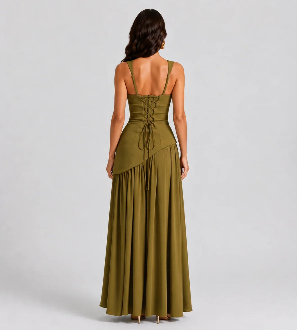 Vivienne Draped Slit Maxi Dress - Olive Green