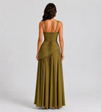 Vivienne Draped Slit Maxi Dress - Olive Green