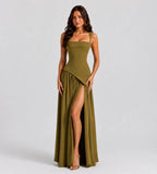 Vivienne Draped Slit Maxi Dress - Olive Green