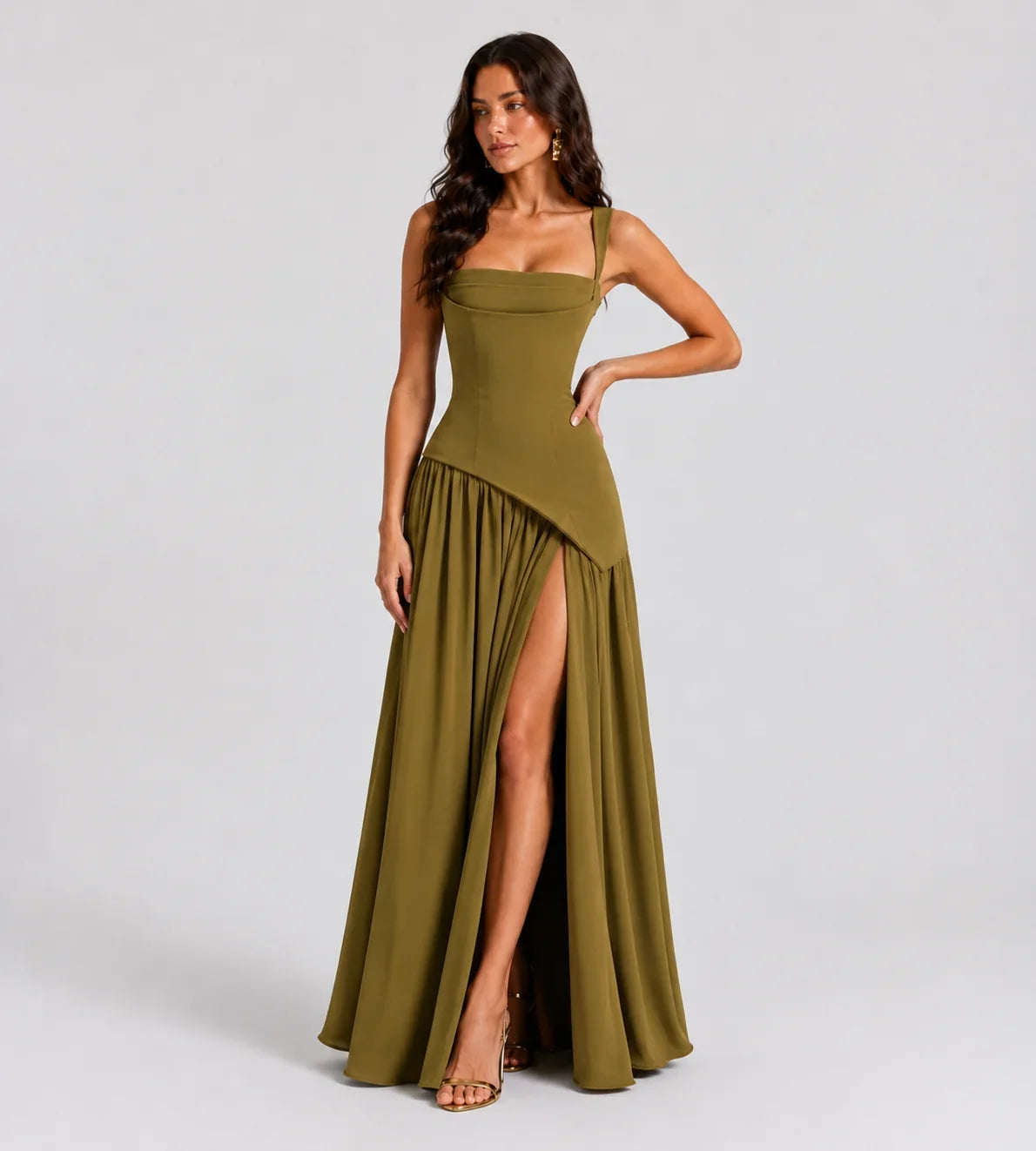 Vivienne Draped Slit Maxi Dress - Olive Green