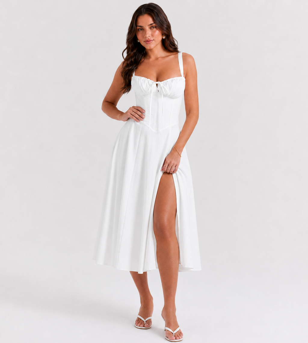 Marielle Ruched Corset Midi Dress - White