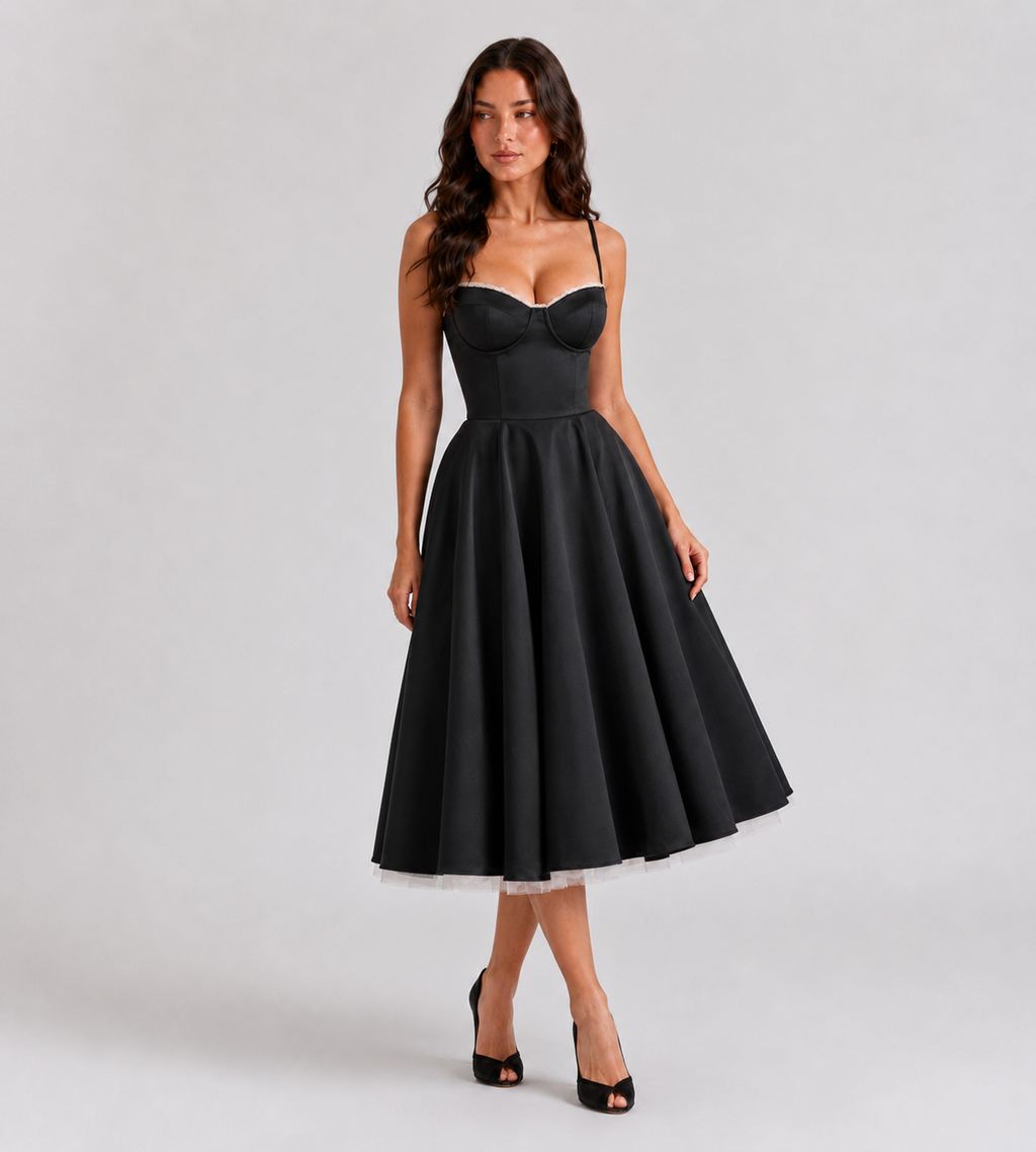 Odette Tulle Corset Midi Dress - Black