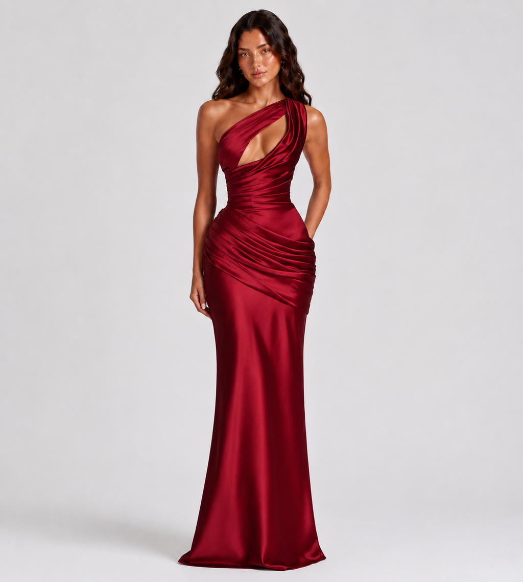Isolde One-Shoulder Satin Maxi Dress - Red