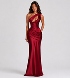Isolde One-Shoulder Satin Maxi Dress - Red