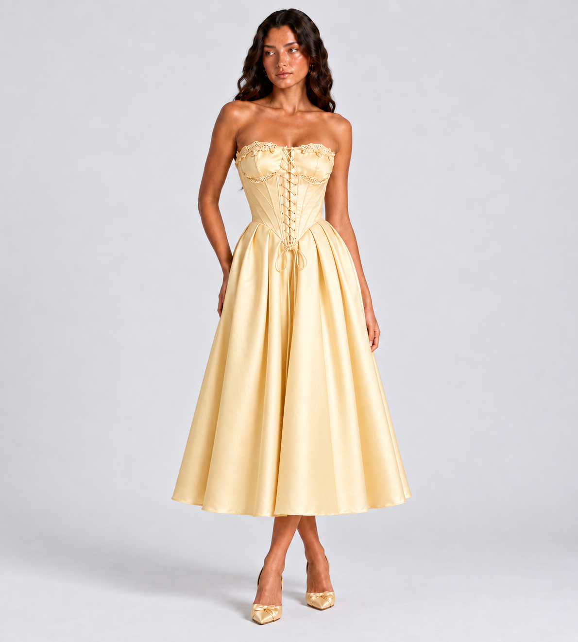 Elodie Lace-Trim Corset Midi Dress - Butter Yellow