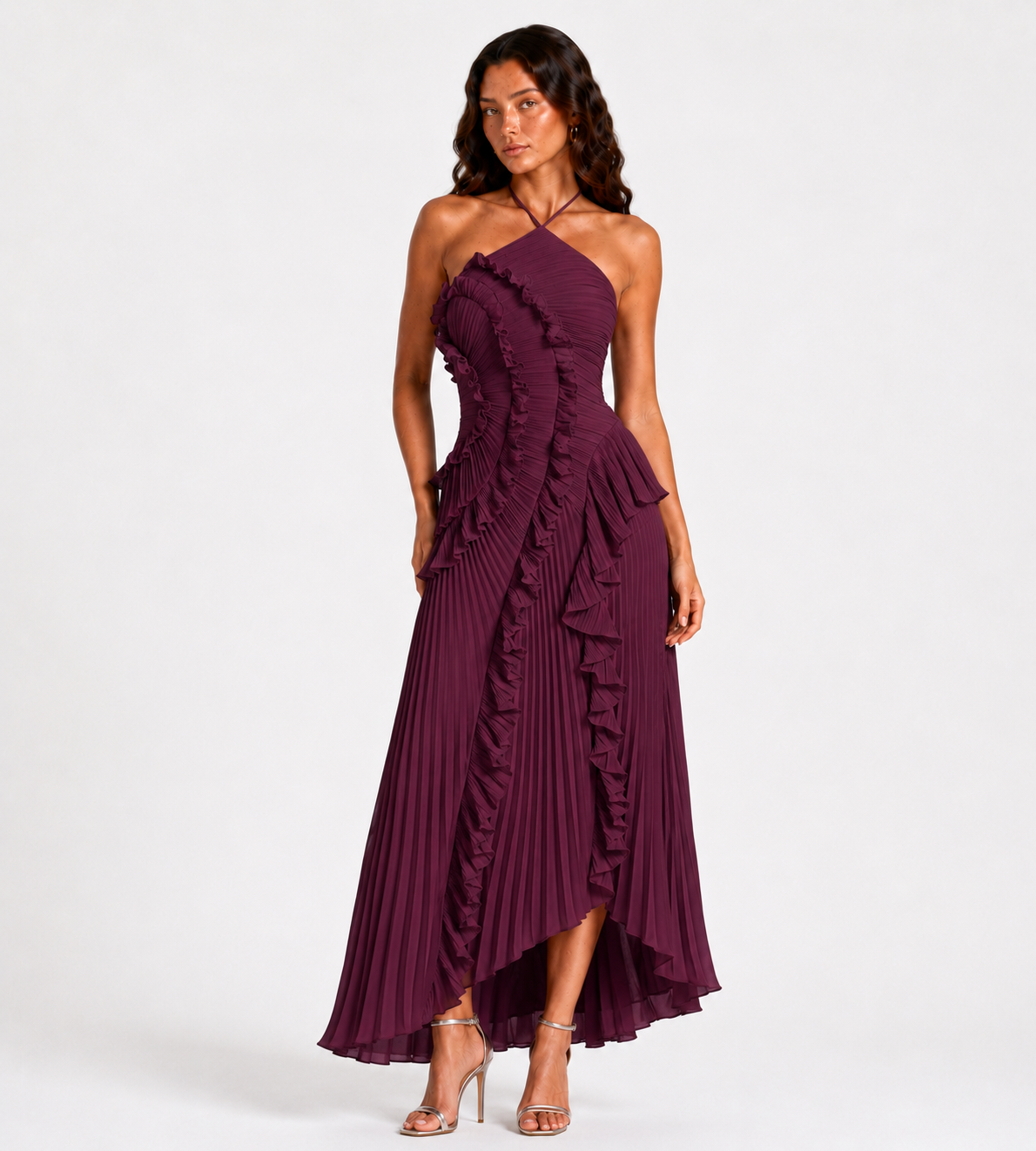 Evelina Pleated Ruffle Halter Maxi Dress - Plum