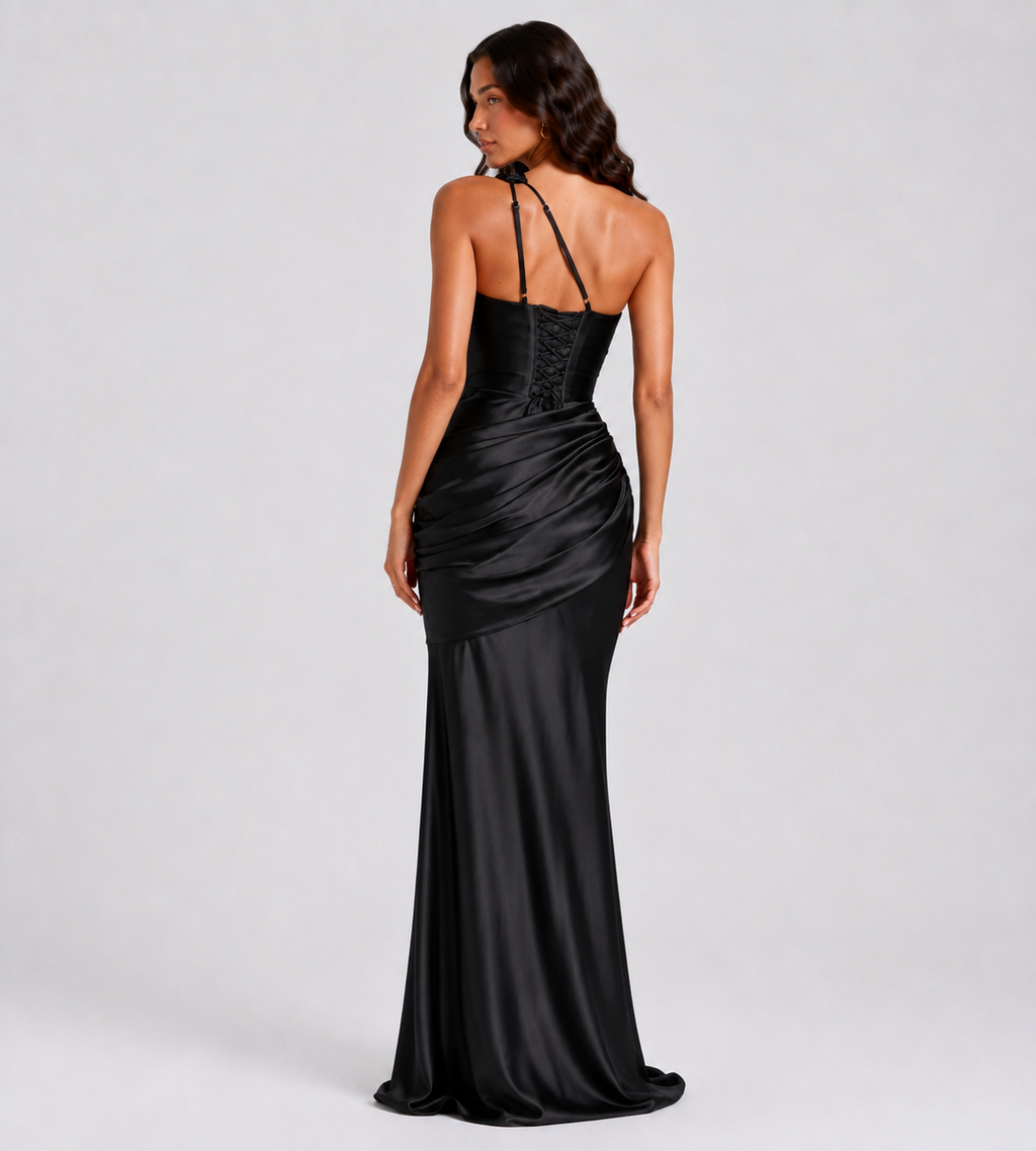 Isolde One-Shoulder Satin Maxi Dress - Black