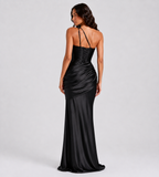 Isolde One-Shoulder Satin Maxi Dress - Black