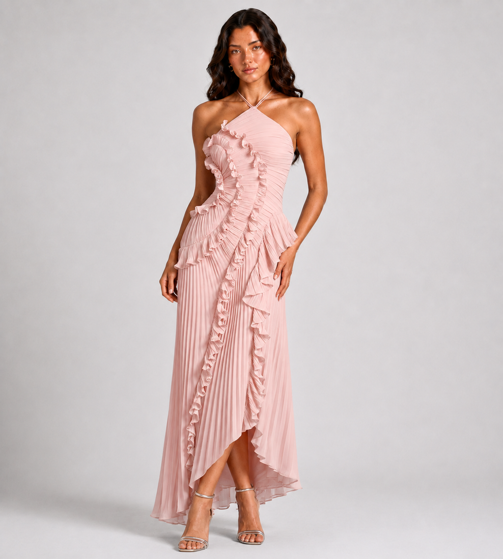 Evelina Pleated Ruffle Halter Maxi Dress - Pink