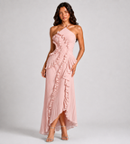 Evelina Pleated Ruffle Halter Maxi Dress - Pink