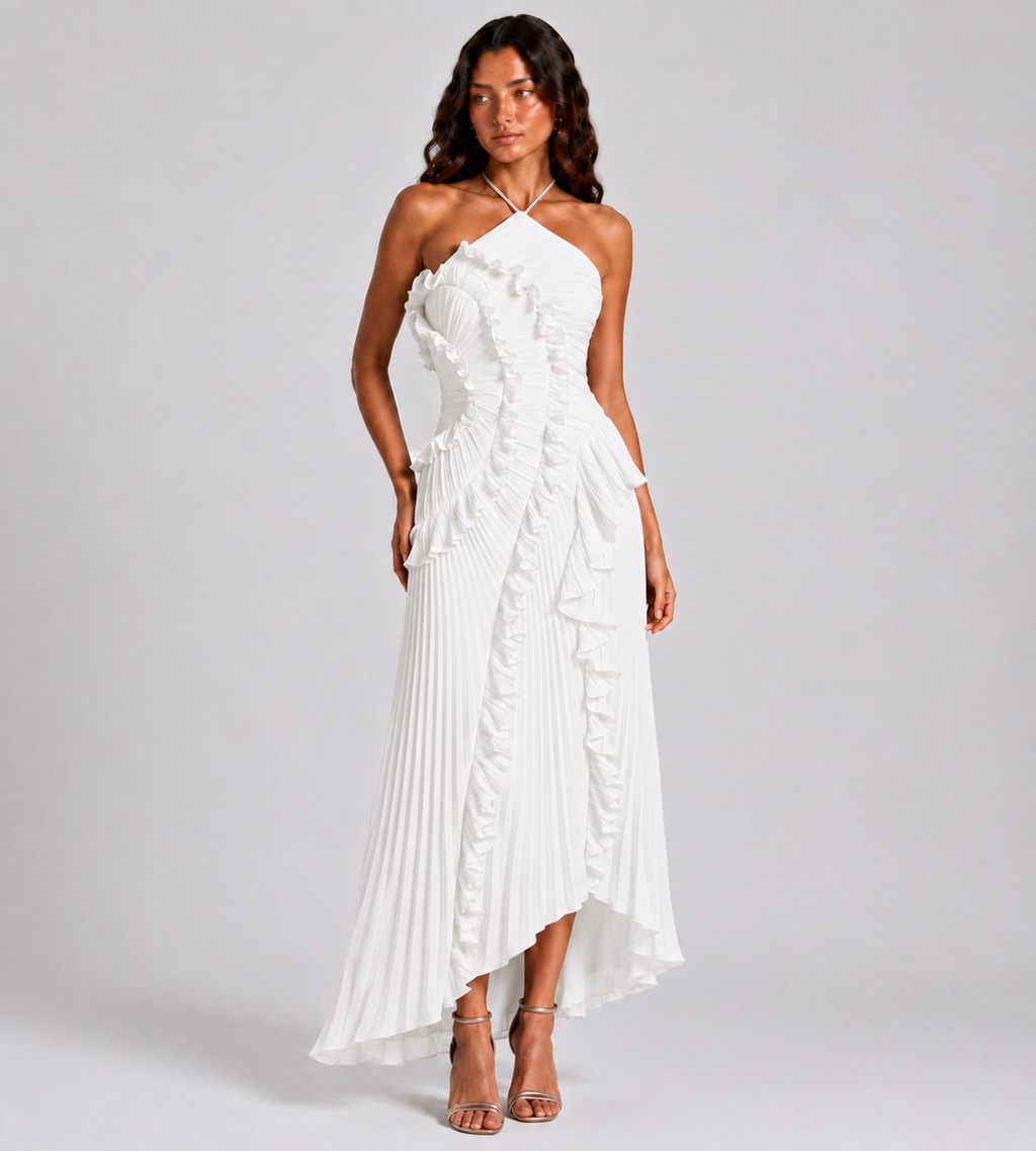 Evelina Pleated Ruffle Halter Maxi Dress - White