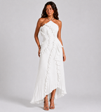 Evelina Pleated Ruffle Halter Maxi Dress - White