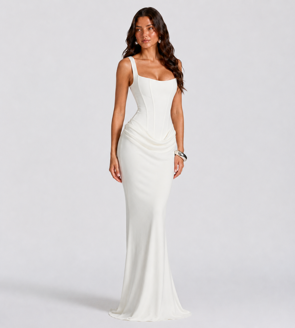Alessia Cowl-Drape Corset Maxi Dress - White