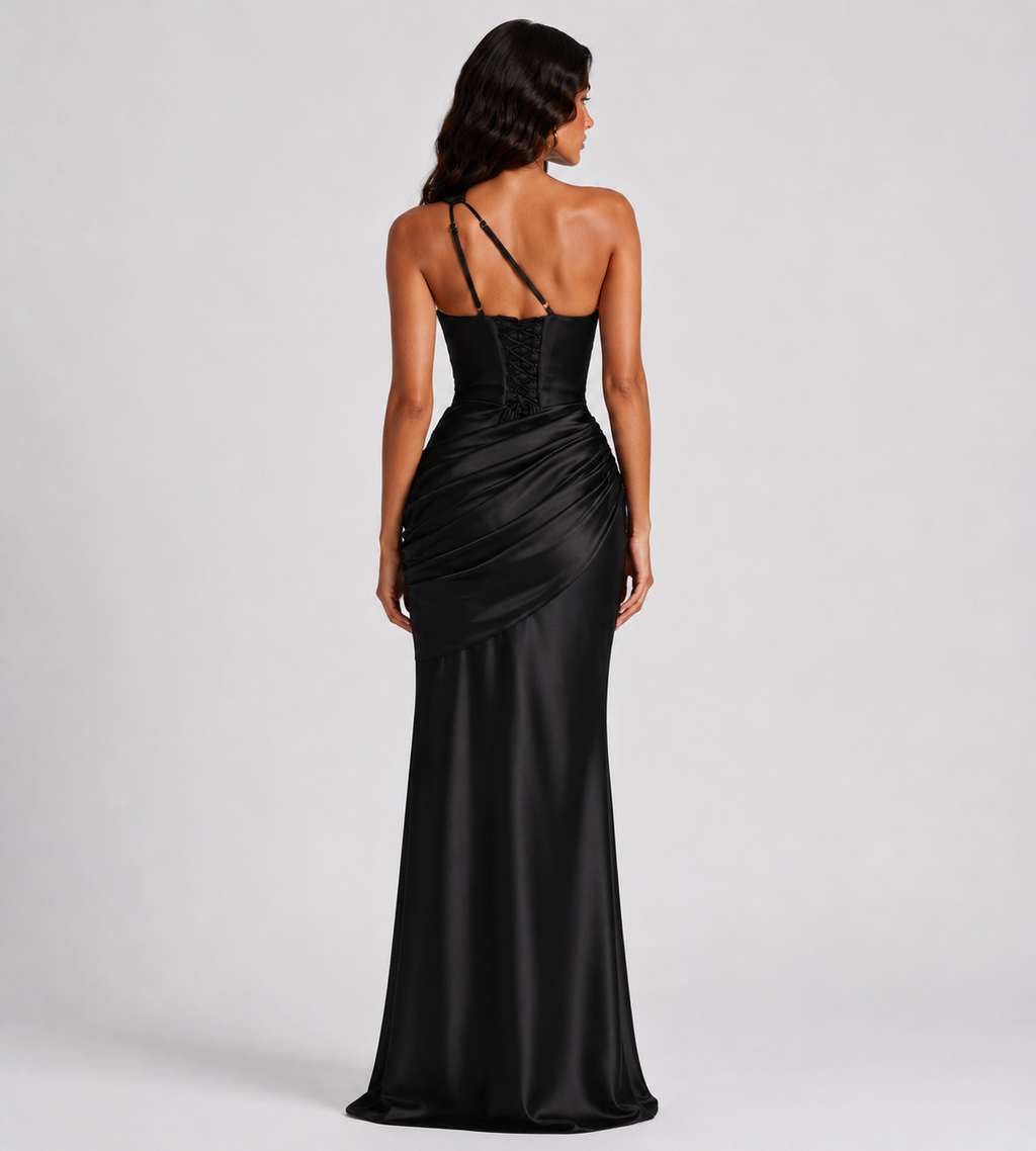 Isolde One-Shoulder Satin Maxi Dress - Black