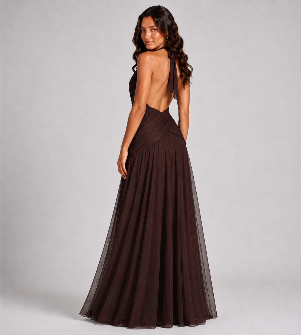 Elowen Draped Chiffon Halter Maxi Dress - Brown