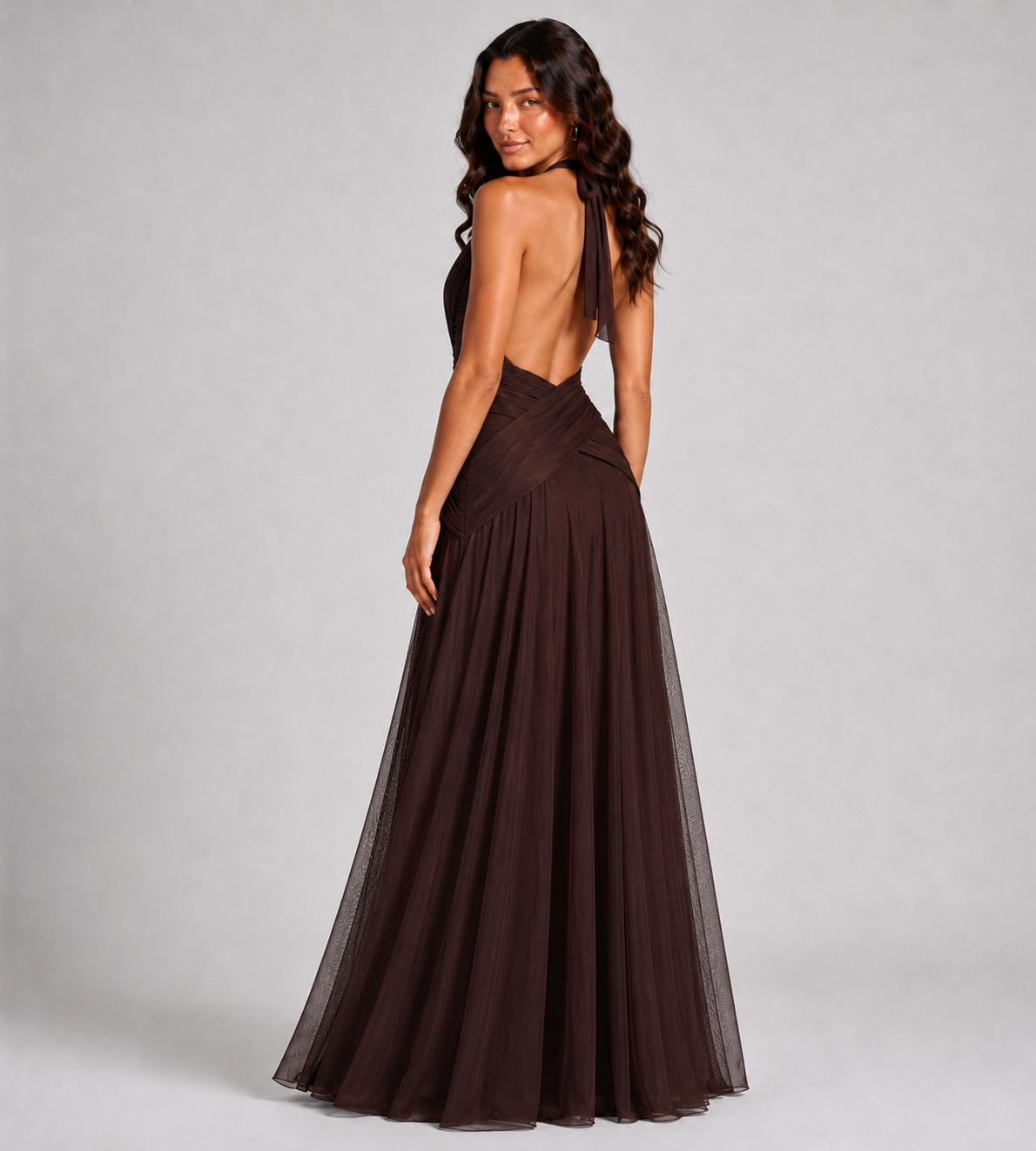 Elowen Draped Chiffon Halter Maxi Dress - Brown