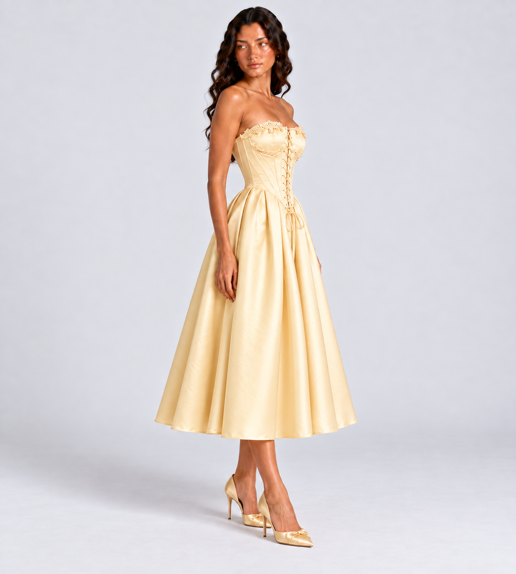 Elodie Lace-Trim Corset Midi Dress - Butter Yellow