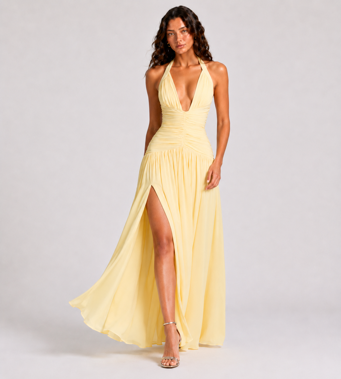 Seraphina Ruched Halter Maxi Dress - Yellow