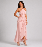 Evelina Pleated Ruffle Halter Maxi Dress - Pink