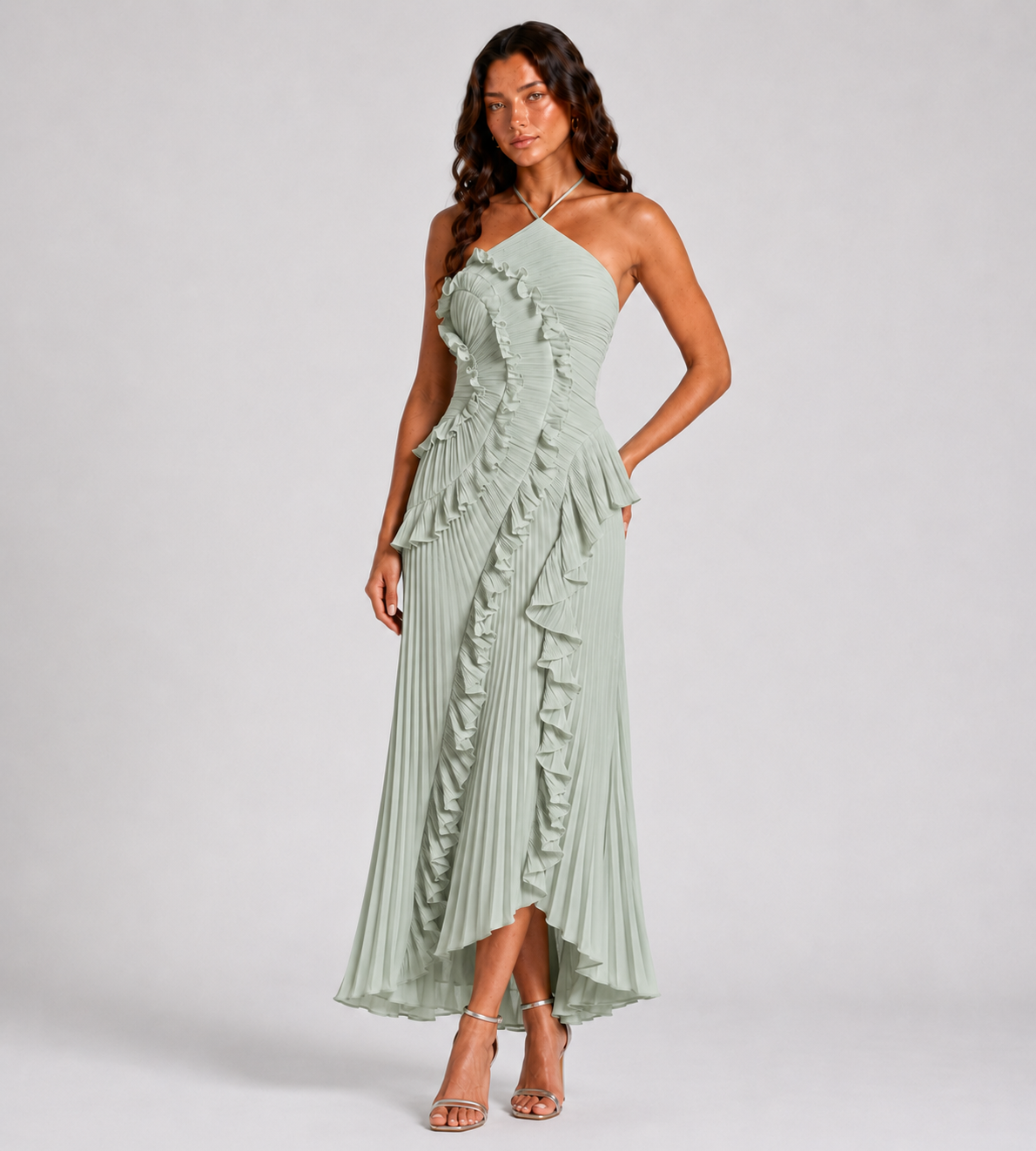 Evelina Pleated Ruffle Halter Maxi Dress - Mint Green
