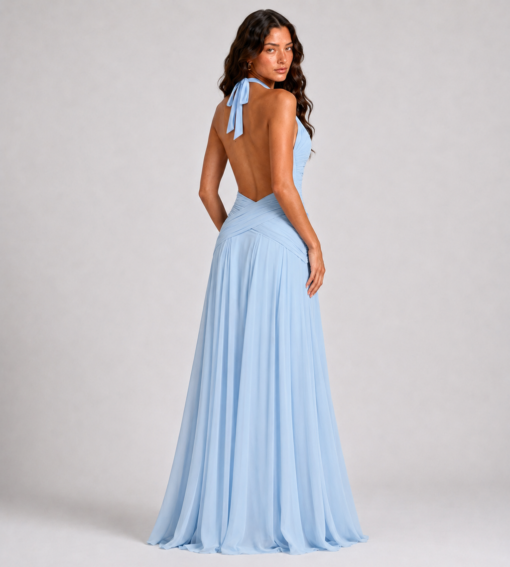 Elowen Draped Chiffon Halter Maxi Dress - Blue