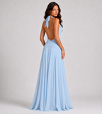 Elowen Draped Chiffon Halter Maxi Dress - Blue