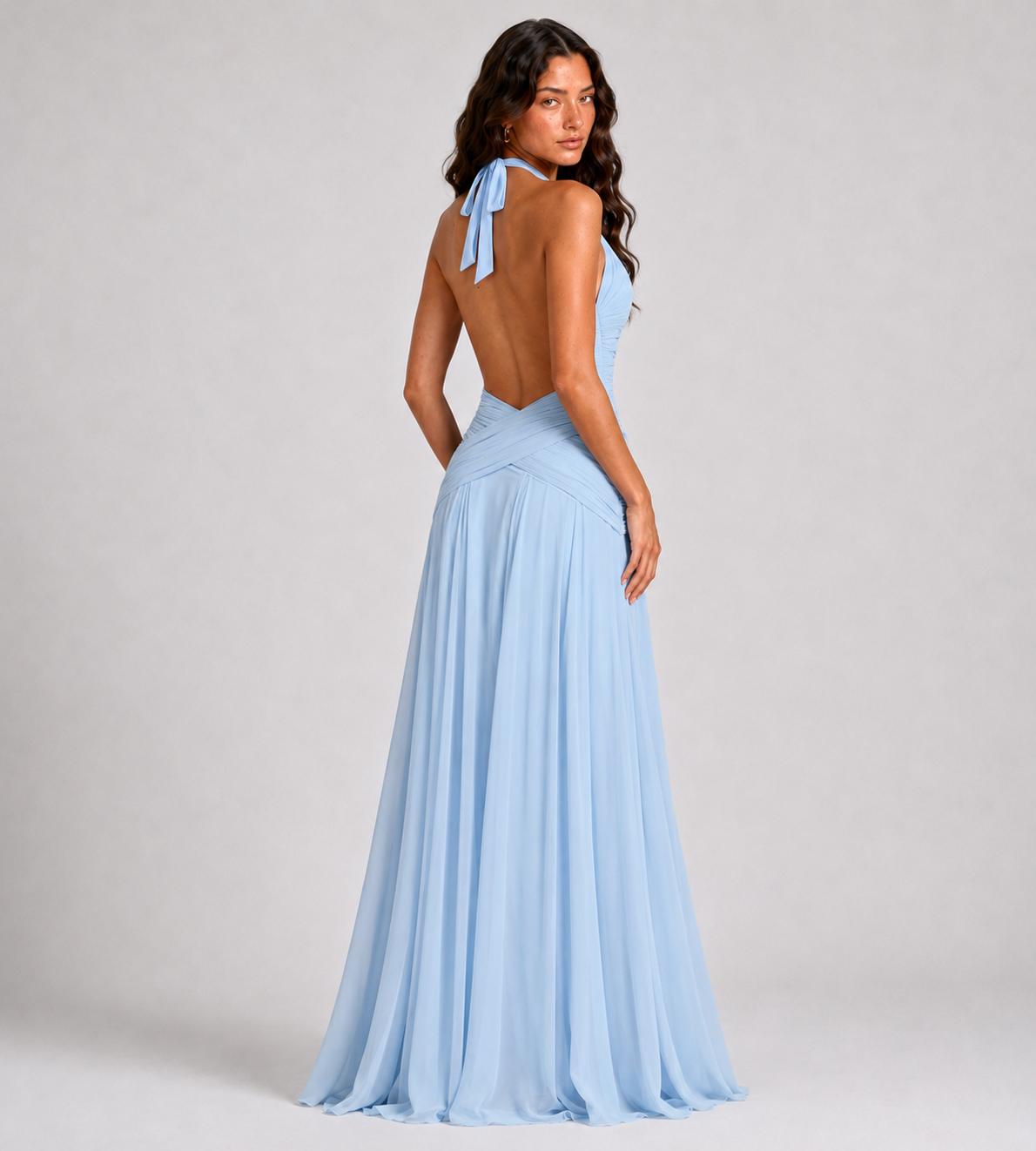 Elowen Draped Chiffon Halter Maxi Dress - Blue