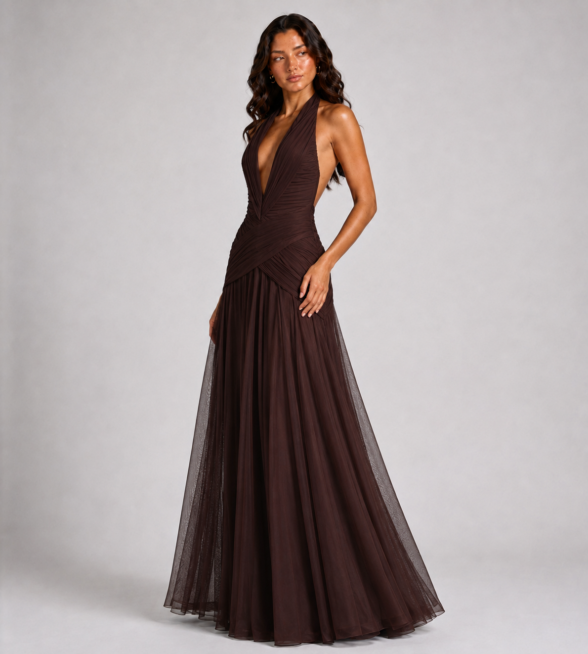 Elowen Draped Chiffon Halter Maxi Dress - Brown