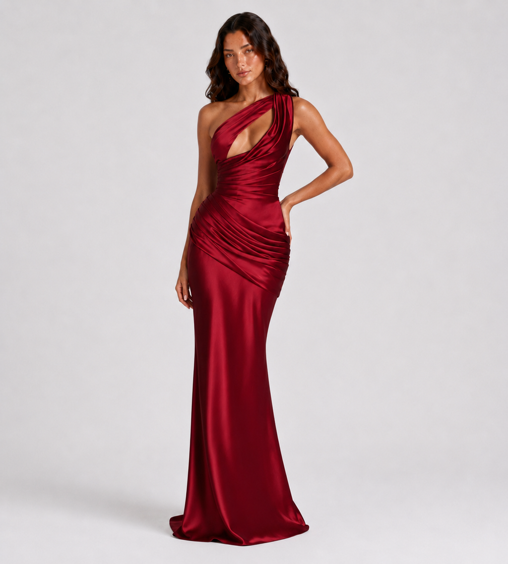 Isolde One-Shoulder Satin Maxi Dress - Red