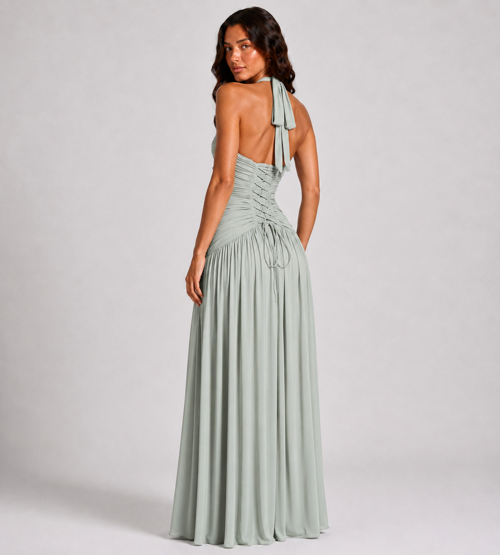 Seraphina Ruched Halter Maxi Dress - Sage