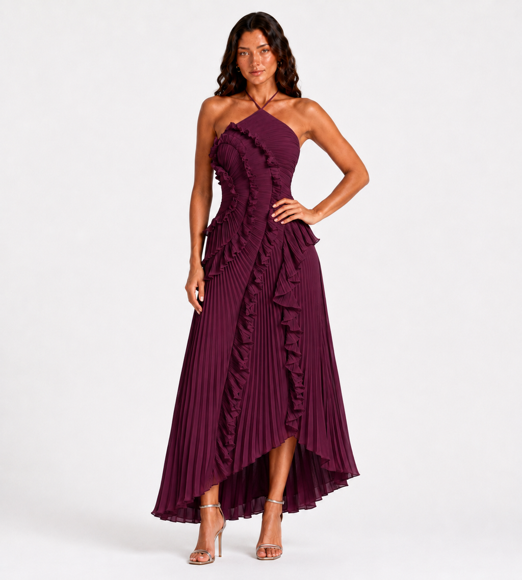 Evelina Pleated Ruffle Halter Maxi Dress - Plum