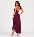 Evelina Pleated Ruffle Halter Maxi Dress - Plum