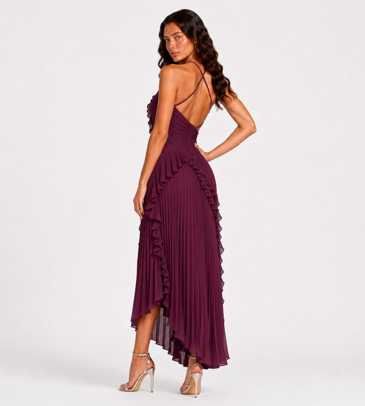 Evelina Pleated Ruffle Halter Maxi Dress - Plum