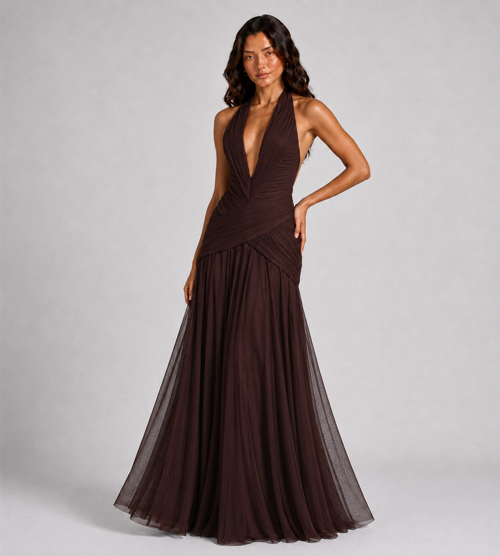 Elowen Draped Chiffon Halter Maxi Dress - Brown