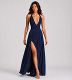 Seraphina Ruched Halter Maxi Dress - Navy