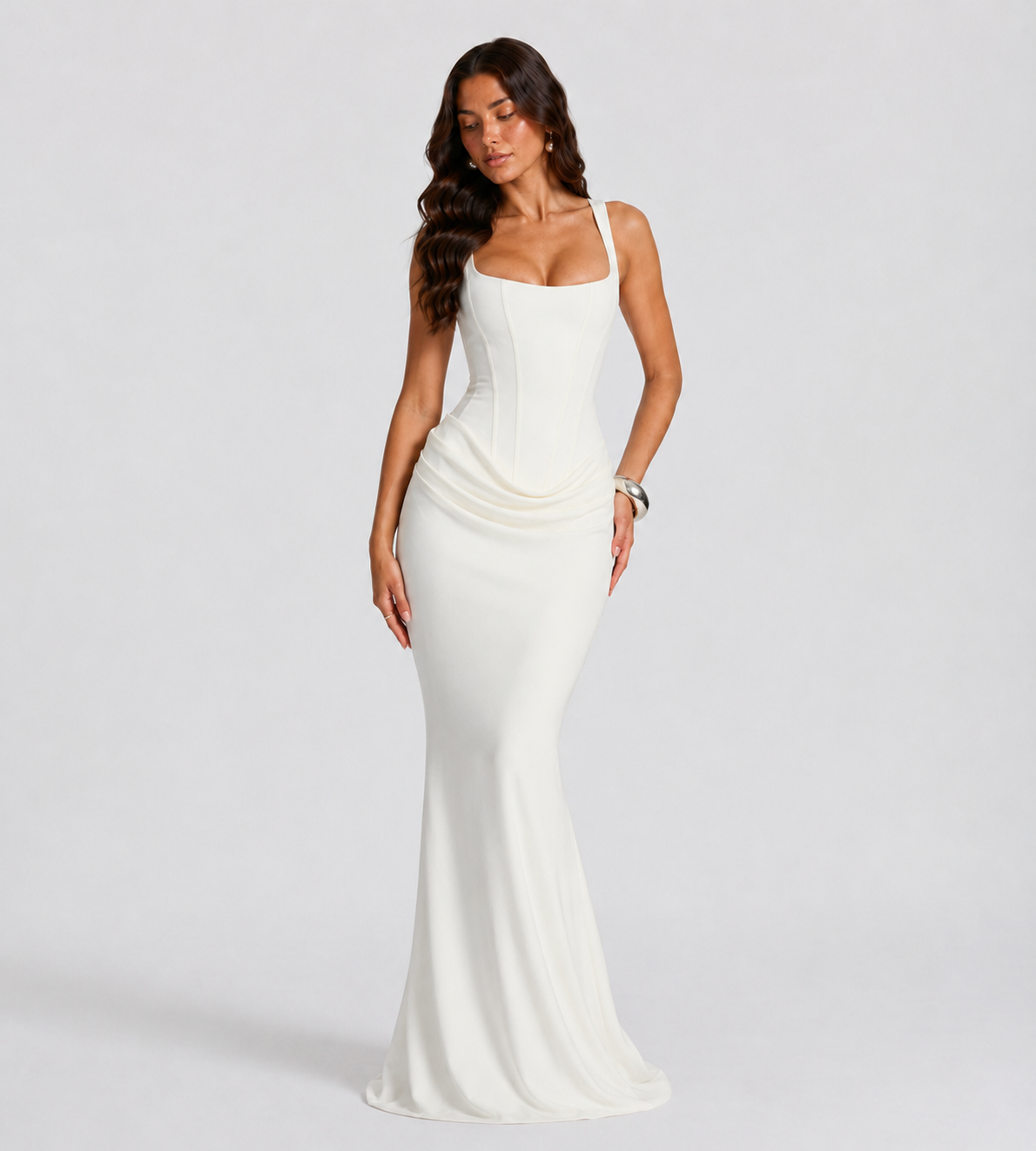 Alessia Cowl-Drape Corset Maxi Dress - White