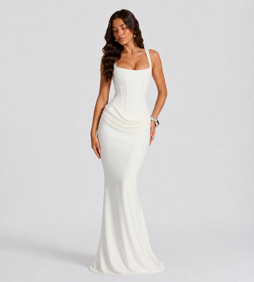Alessia Cowl-Drape Corset Maxi Dress - White