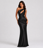 Isolde One-Shoulder Satin Maxi Dress - Black