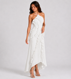 Evelina Pleated Ruffle Halter Maxi Dress - White
